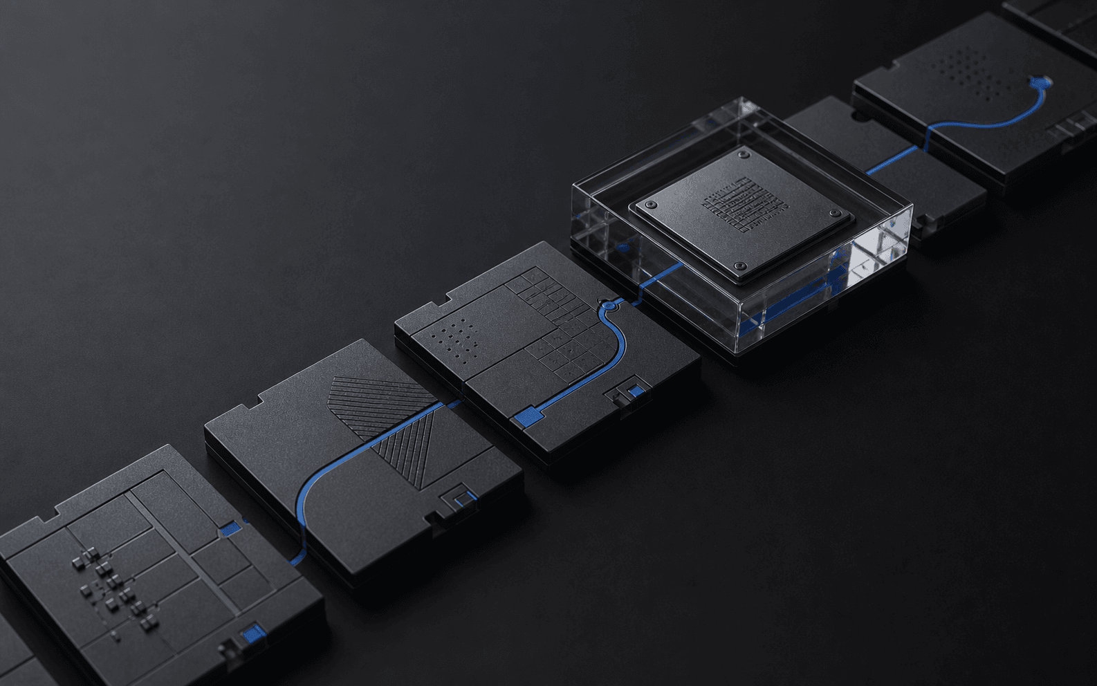 Precision graphite modules representing model lineage and sealed audit evidence