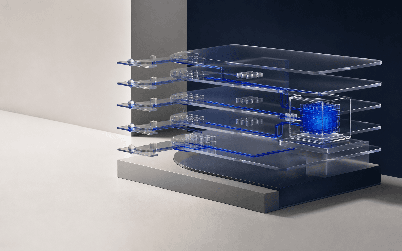 Layered glass architecture representing a controlled model pipeline